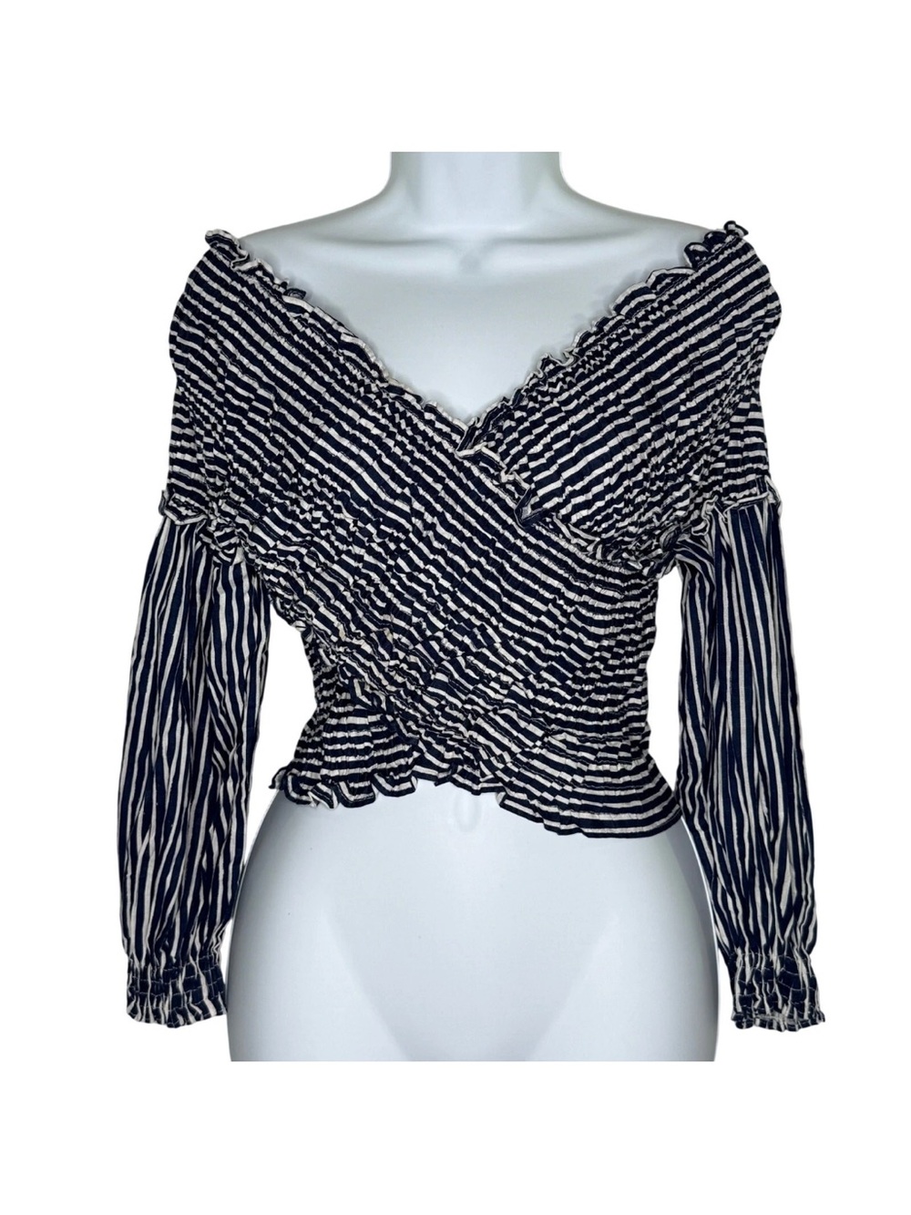 Zara Smocked Off Shoulder Beachy Top Navy White XS
